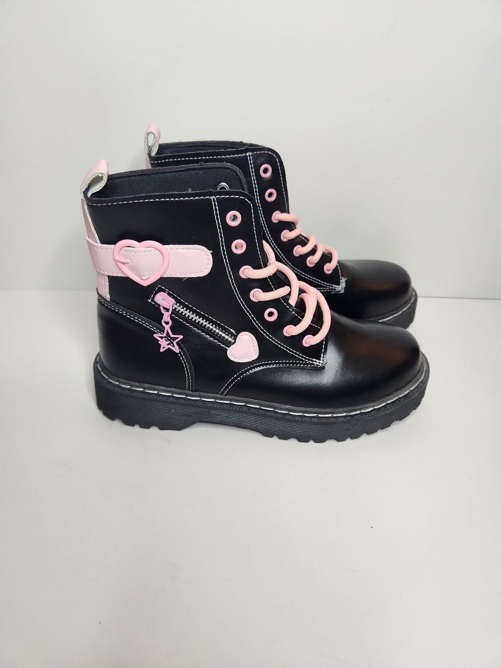 Kids Black Combat Boots with Pink Heart Accents